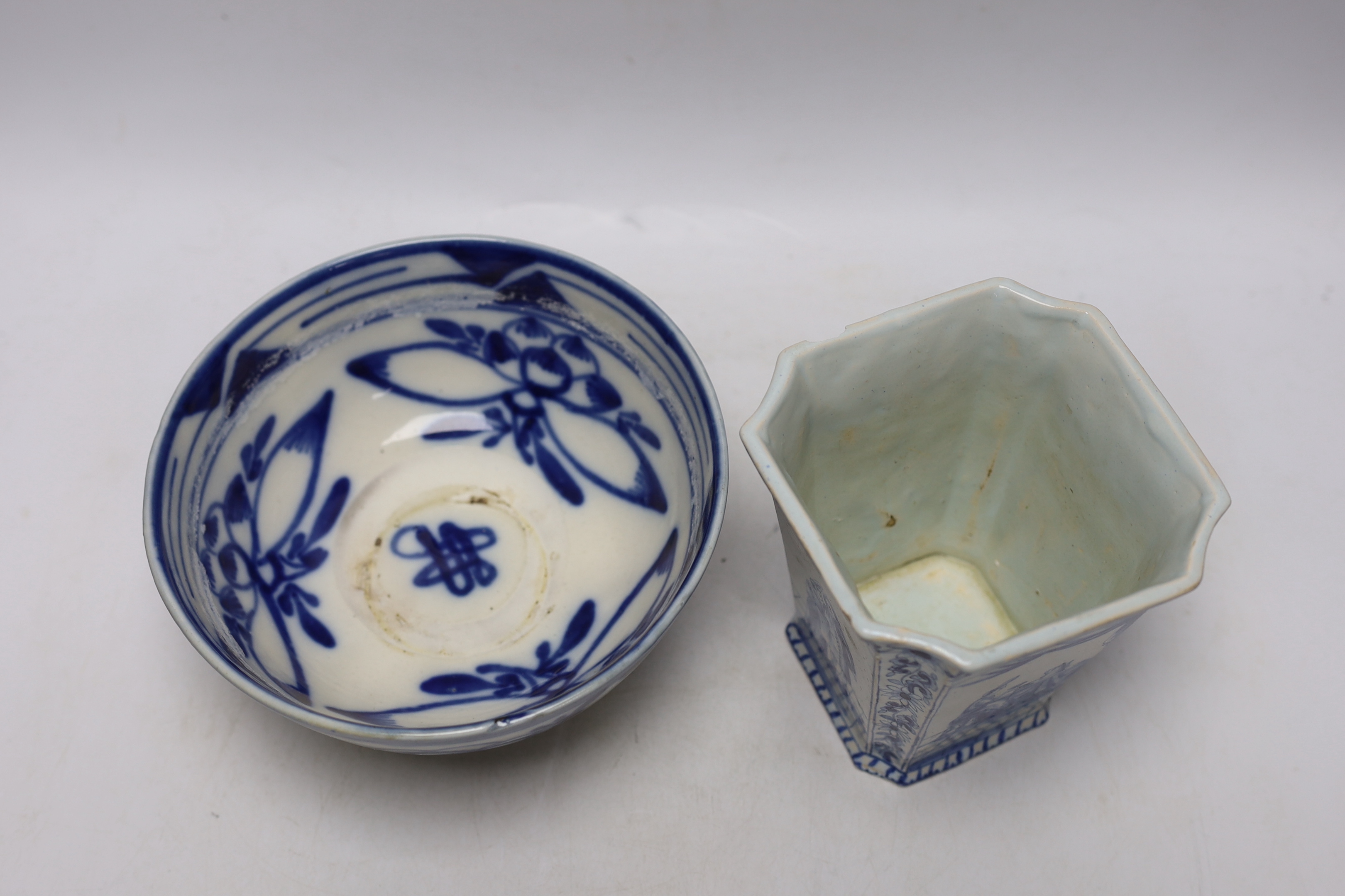 A group of Chinese blue and white bowls a dish and a Delft blue and white vase, largest 19cm in diameter